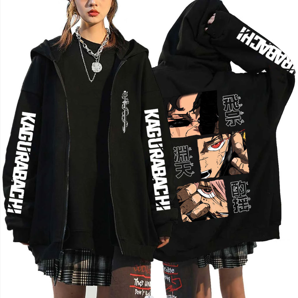 Anime Merch Hoodie - 日本アニメカグラバチちひろ洛下馬 Merch ジッパーパーカー男性女性フリース綿ジップアップジャケットマンガコスプレストリートウェア