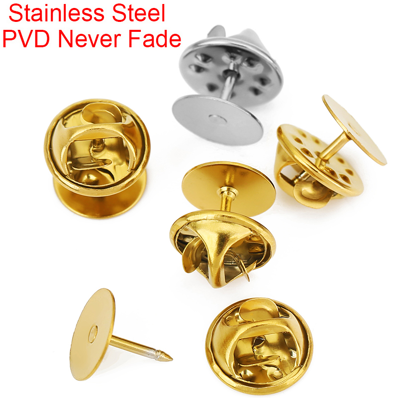 Pin Button Badge - 10セット ステンレス製ブローチベースホルダー ラペルバッジ PVD加工 色褪せないカボションセッティング フラットバックブローチ