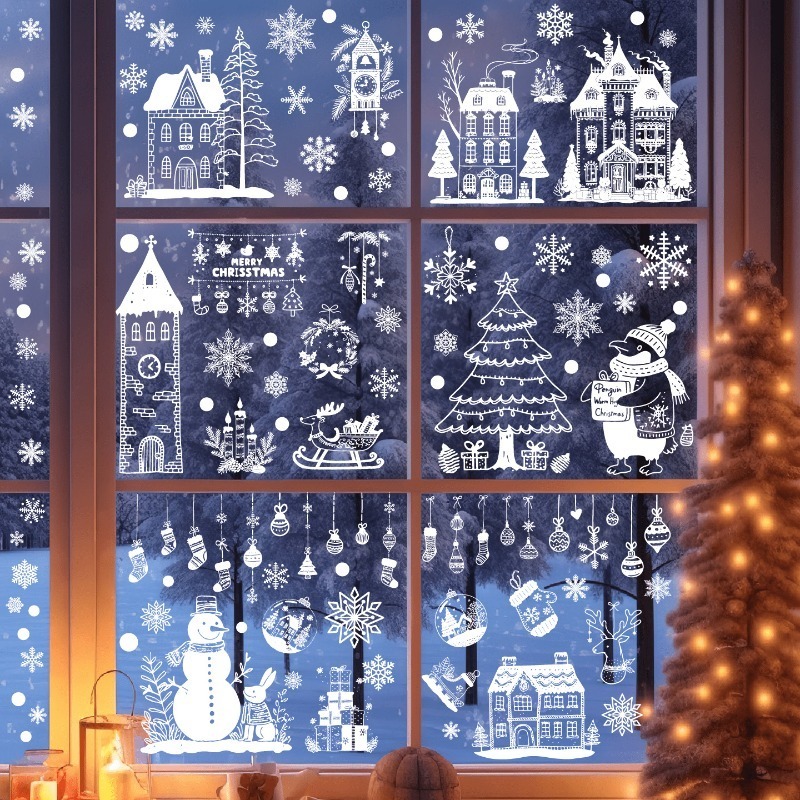 Sticker Sheet Set - 新しいクリスマス静電窓ステッカー 9 枚/セット - 取り外し可能なフロストスノーフレークとトナカイのデザイン